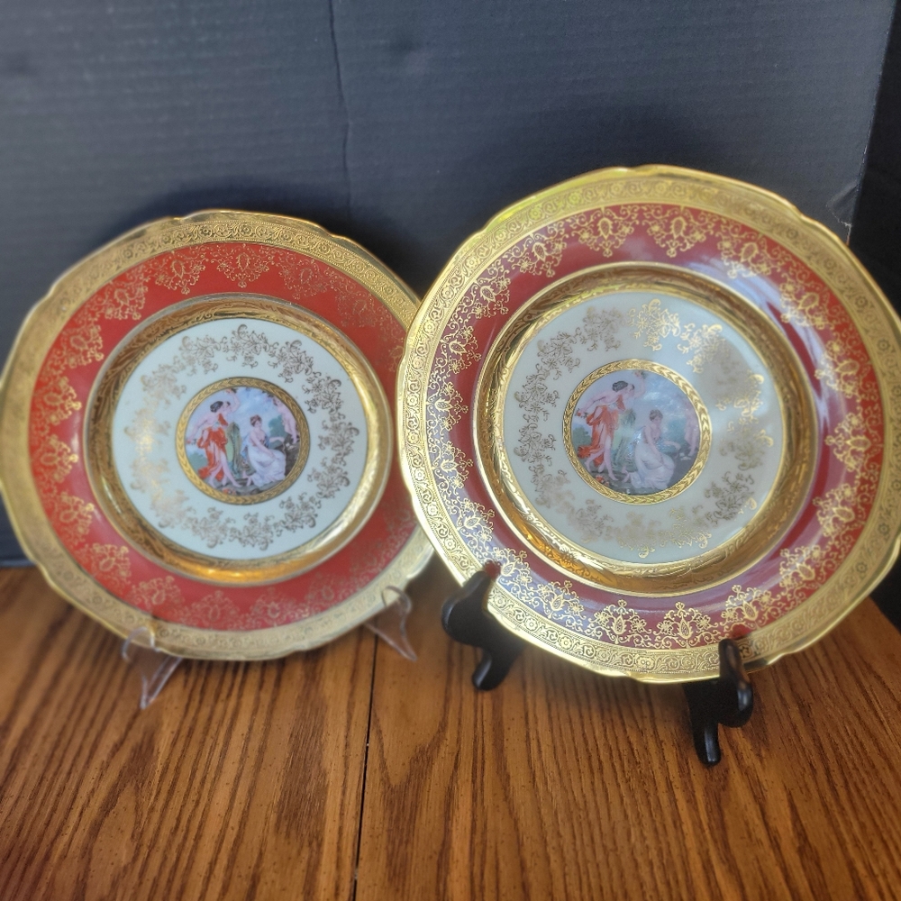 Set Of 2 Vintage LeMieux Hand Painted 24 Karat Gold China Plates 11" Diameter